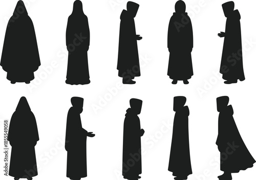 Religious monk silhouettes wearing long robes, spiritual people standing poses, medieval clergy characters isolated black vector illustration set