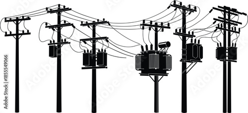 Black silhouette of utility poles with transformers and electrical wires Keywords: utility pole, power line, transformer