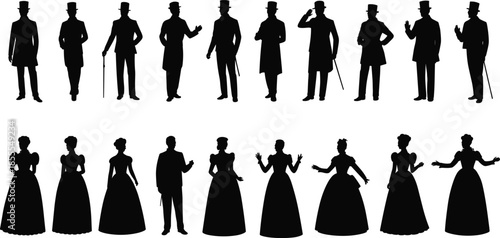 Victorian era people silhouettes set, elegant men and women in vintage costumes, historical fashion characters isolated black vector illustration