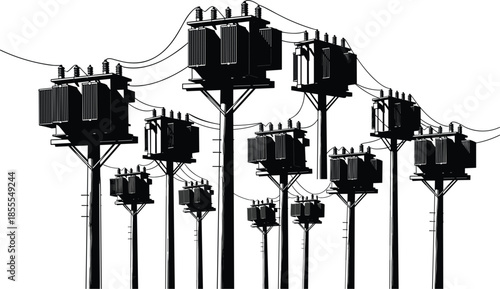 Collection of electrical transformers mounted on utility poles in a graphic illustration style electricity