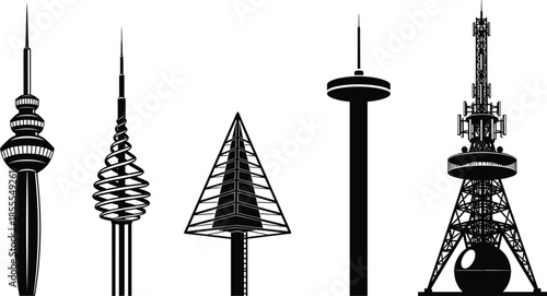 Collection of Five Different Communication Tower Silhouettes on White broadcast antenna