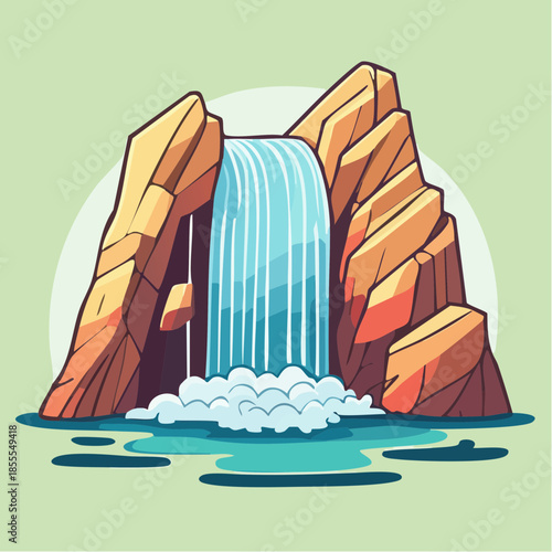 Cartoon illustration of a waterfall cascading between rocky cliffs into a pool of water.