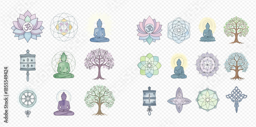 Set of various spiritual and religious symbols including Buddha, lotus, mandalas, and Bodhi trees in pastel colors.