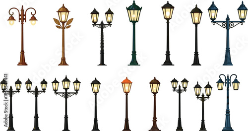 Collection of Vintage and Modern Street Lamps and Lampposts light lighting