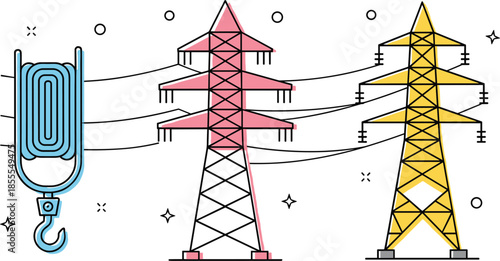Colorful Line Art Illustration of Electrical Towers and Crane Hook Keywords: electricity, power, energy, transmission, tower