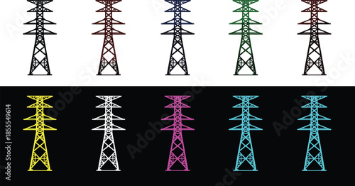 Diverse Colored Silhouettes of High Voltage Electricity Towers on White and Black Backgrounds pylon power line