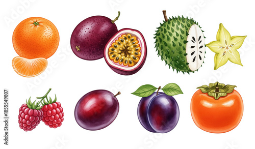 Hand painted watercolor fruit vector collection with tropical and berry fruits isolated on white background