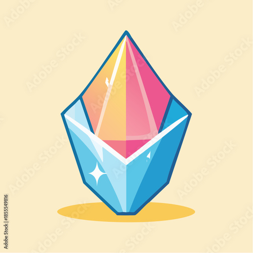 Stylized cartoon illustration of a colorful diamond or gem with facets and light reflections on a light yellow background.