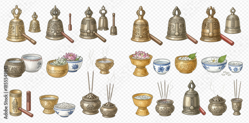 Traditional Thai Buddhist offering items set with bells, incense burners, and bowls for worship.