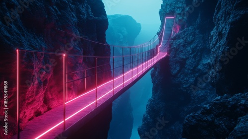 A breathtaking neon-lit bridge connects two rocky cliffs amidst a misty canyon. A journey through futuristic landscapes awaits. Explore the wonders of this world. Generative AI