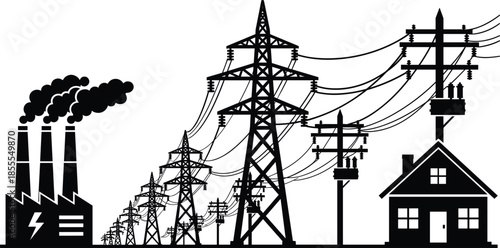 Industrial Power Generation and Distribution Scene with Factory, Towers, and House industry electricity