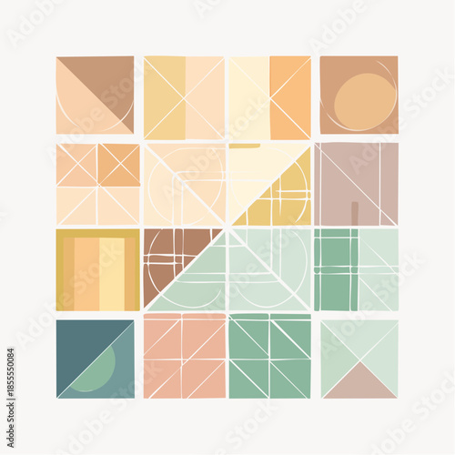 Abstract geometric design with squares, triangles, and circles in muted pastel colors.