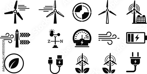 Set of Black Icons Related to Wind Energy and Electricity Generation power turbine