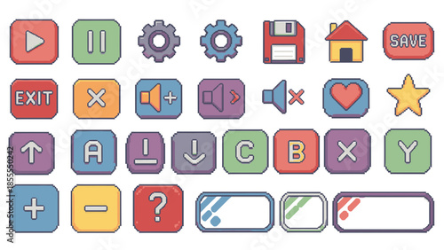 Pixel art game interface buttons and icons for video games and apps.
