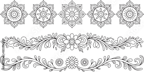 Set of mandalas and floral seamless borders vector collection with ornamental elements on transparent background