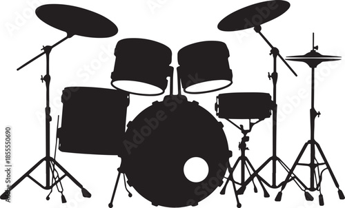 Black silhouette of drum kit with cymbals and stands, rock and roll music instrument set