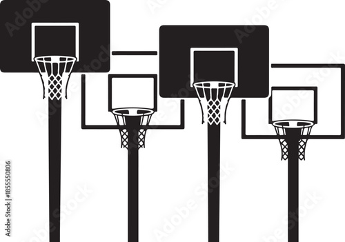 Basketball hoops black silhouette vector illustration set street sports equipment graphics collection isolated on transparent checkerboard background