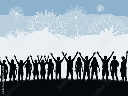 Group of people standing together with their arms raised in the air