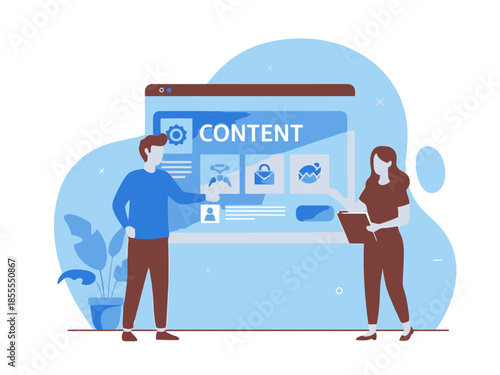 Two people working on a laptop with a content management system