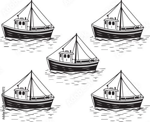 Collection of vintage fishing boat silhouettes vector illustration marine transportation vessel graphic images isolated on transparent background