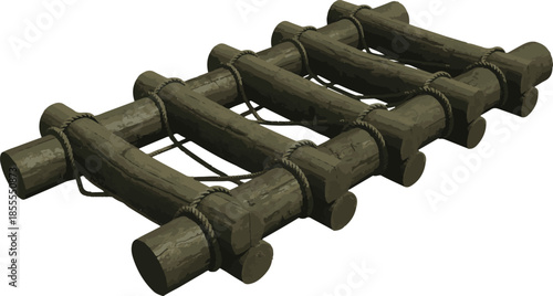 Rustic wooden log raft structure vector illustration isolated natural material temporary bridge platform made of tied brown weathered timber logs
