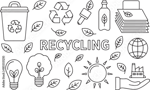 Recycling hand drawn doodle set with eco friendly elements trash can light bulbs leaves and sun on transparent background