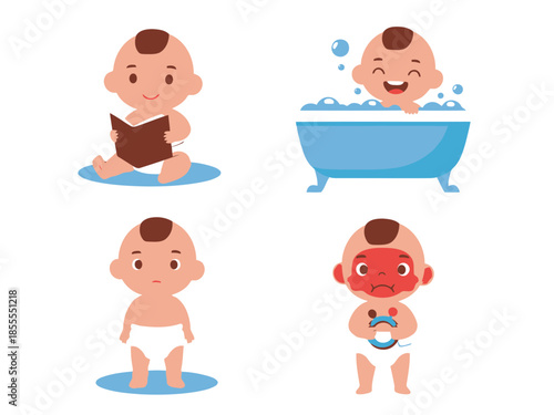 Cute baby boy playing with a book and taking a bath in a blue tub