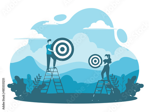 Two people standing on ladders aiming at targets with arrows on isolated