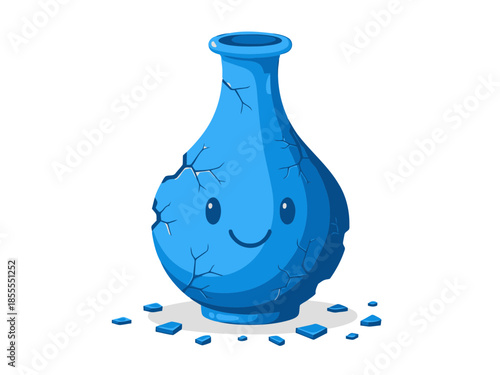Blue cracked vase with smiley face and blue pieces on the floor