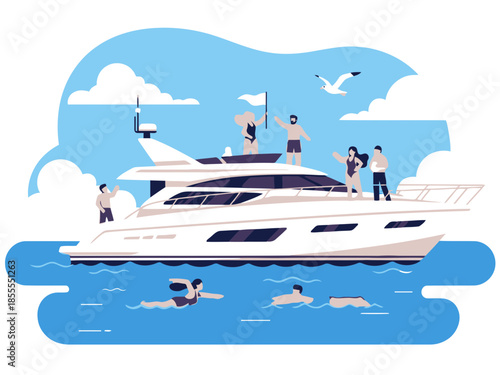Luxury yacht with people enjoying a sunny day on the deck with birds flying around