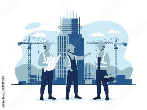 Three construction workers discussing a blueprint in front of a building under construction