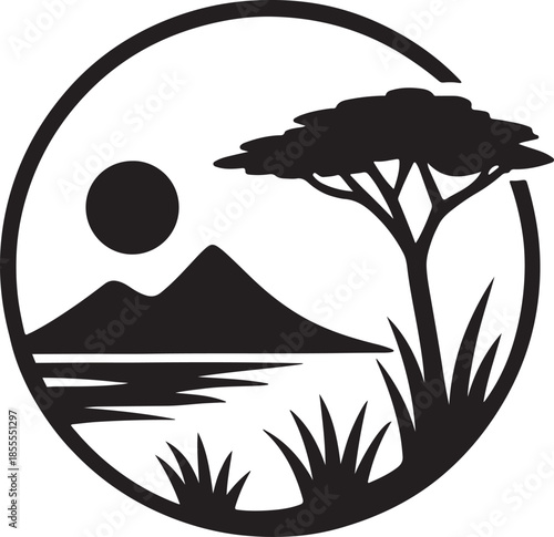 A stunning circular silhouette capturing the essence of an african safari sunset