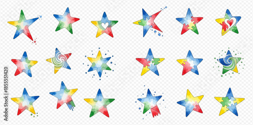 Collection of vibrant watercolor stars with various colorful designs and abstract patterns.