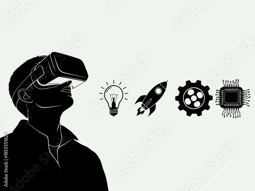 Person wearing virtual reality headset with lightbulb, rocket, gear, and circuit board icons