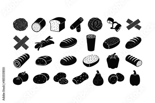 Carbohydrate Food and Bakery Icons Set Black Silhouette Vector Illustrations of Bread, Grains, Vegetables, and Snacks