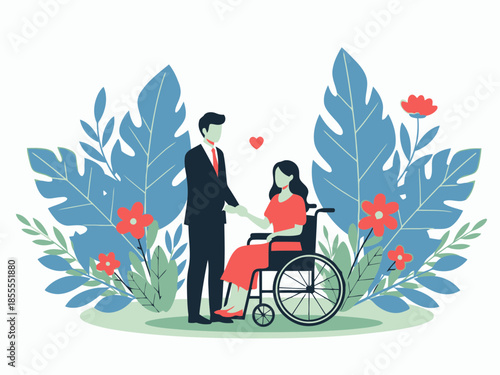 A man in a suit pushing a woman in a wheelchair in a garden with flowers