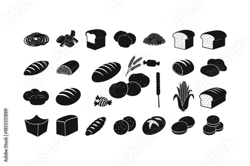 Carbohydrate Food and Bakery Icons Set Black Silhouette Vector Illustrations of Bread, Grains, Vegetables, and Snacks
