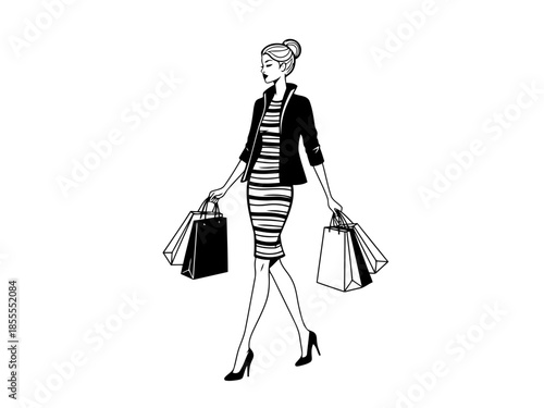 Elegant woman walking with shopping bags, stylish outfit, high heels, and a hat