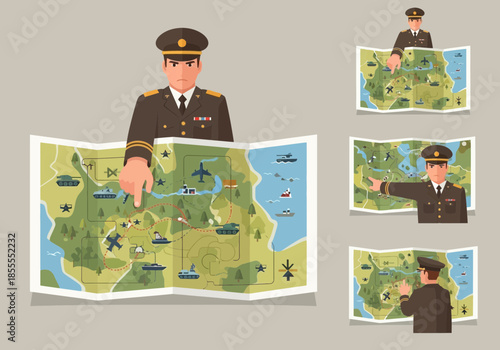 Man in uniform points to maps showing terrain and military symbols.