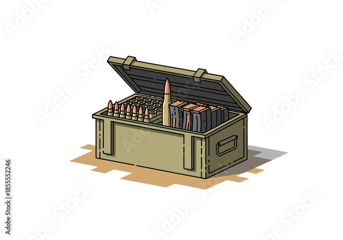 Open ammunition box filled with bullets and cartridges.