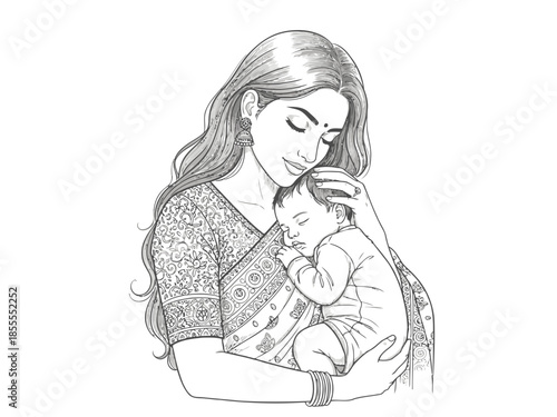 Mother holding baby in her arms with a gentle and loving expression