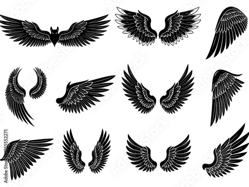 Black and white angel wings vector illustration set