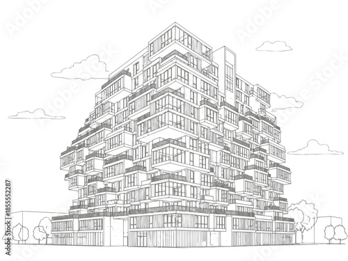 Sketch of a modern highrise building with balconies and windows