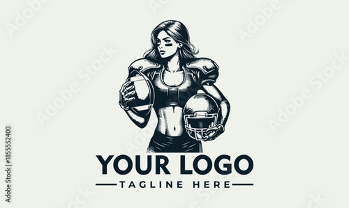 Vector illustration of a woman wearing a sports bra and shoulder pads, holding a rugby ball and making a fist, with a logo and tagline on a clean background, conveying a strong and sporty