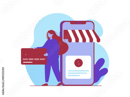 Woman shopping online with a credit card on a smartphone with a store app