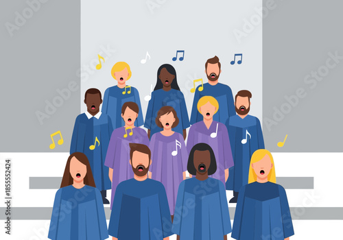 Diverse group of people singing together in choir robes.