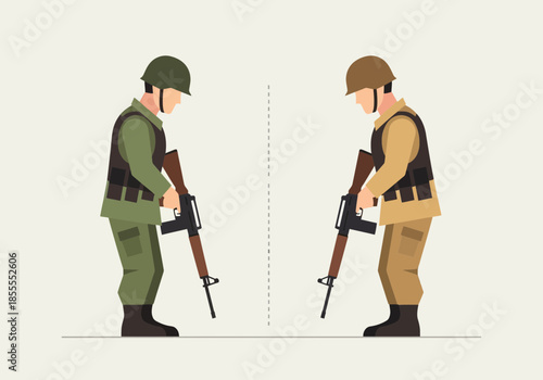 Two soldiers in uniform stand holding rifles, heads bowed.