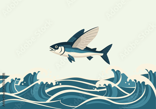 A flying fish leaps from ocean waves with its fins spread.