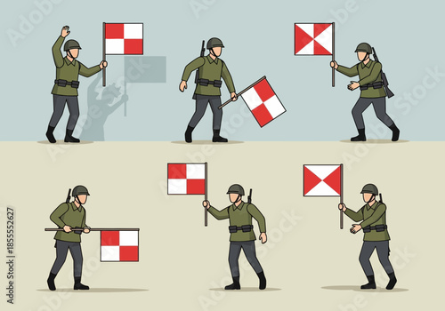 Soldiers signal with flags in a sequence of actions.