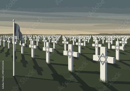 Rows of white crosses and stars of David mark graves under a cloudy sky.